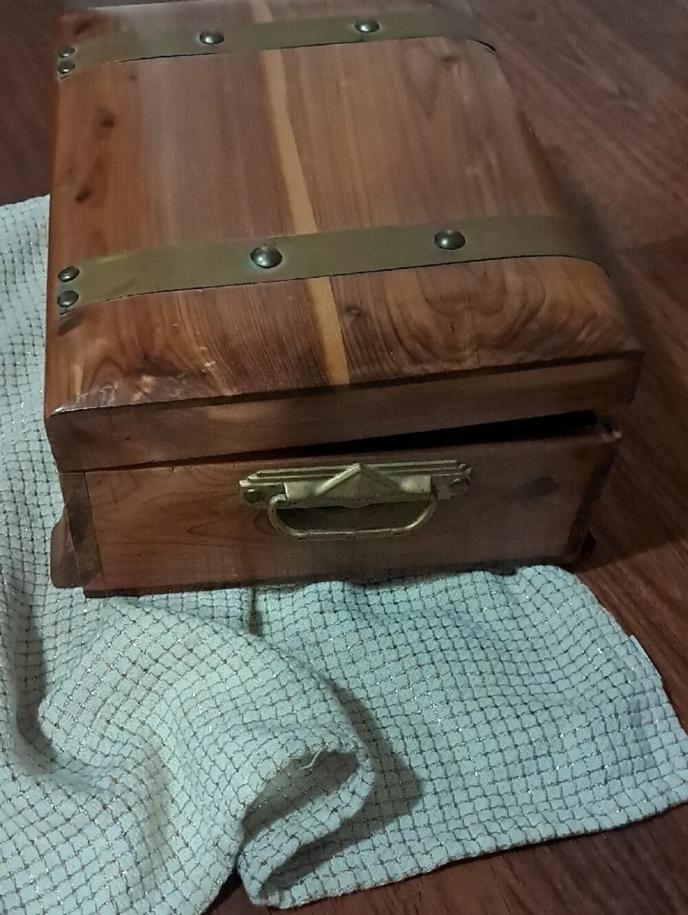 Wooden Cedar Treasure Chest Jewelry Box with Brass Accents - Refurbished